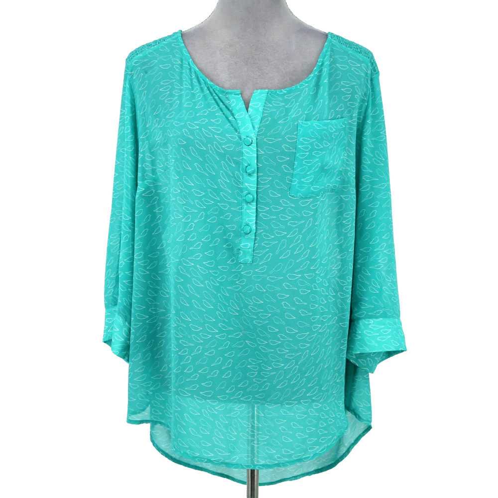 Torrid Top 2 Plus Size 2X Green Chiffon Bird Print Henley Novelty Blouse Hi Lo